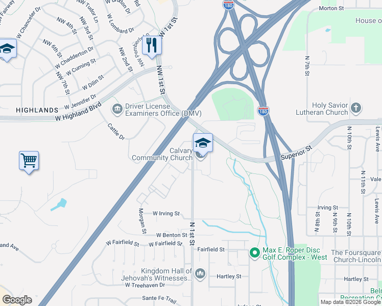 map of restaurants, bars, coffee shops, grocery stores, and more near 4400 North 1st Street in Lincoln