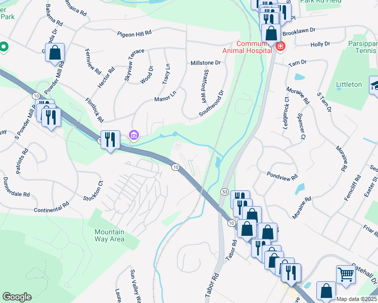 map of restaurants, bars, coffee shops, grocery stores, and more near 2350 New Jersey 10 in Morris Plains