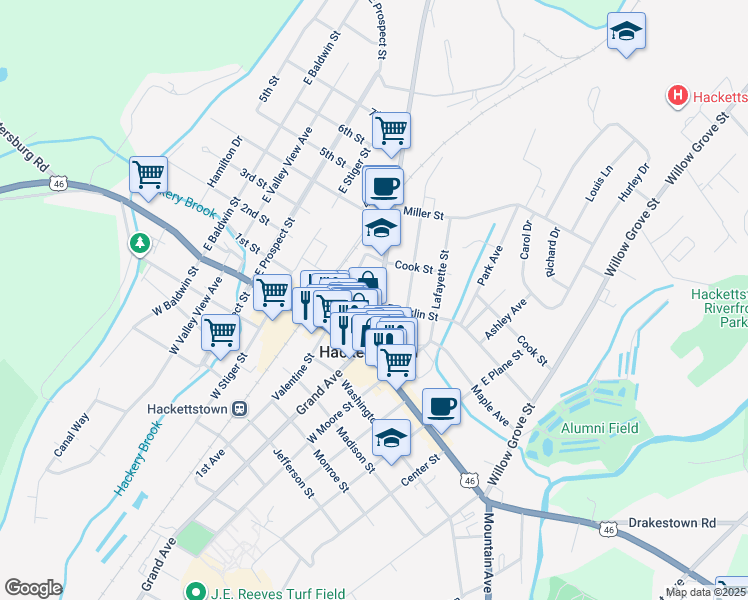 map of restaurants, bars, coffee shops, grocery stores, and more near 201 High Street in Hackettstown