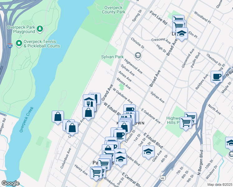 map of restaurants, bars, coffee shops, grocery stores, and more near 76B West Oakdene Avenue in Palisades Park