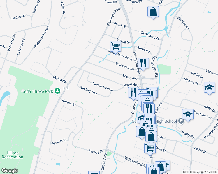 map of restaurants, bars, coffee shops, grocery stores, and more near 58 Sunrise Terrace in Cedar Grove