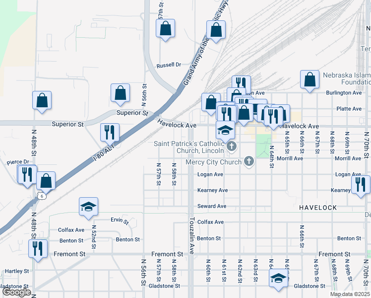 map of restaurants, bars, coffee shops, grocery stores, and more near 4225 Touzalin Avenue in Lincoln