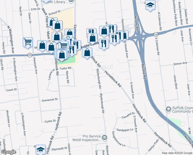 map of restaurants, bars, coffee shops, grocery stores, and more near 2 Kara Court in Centereach