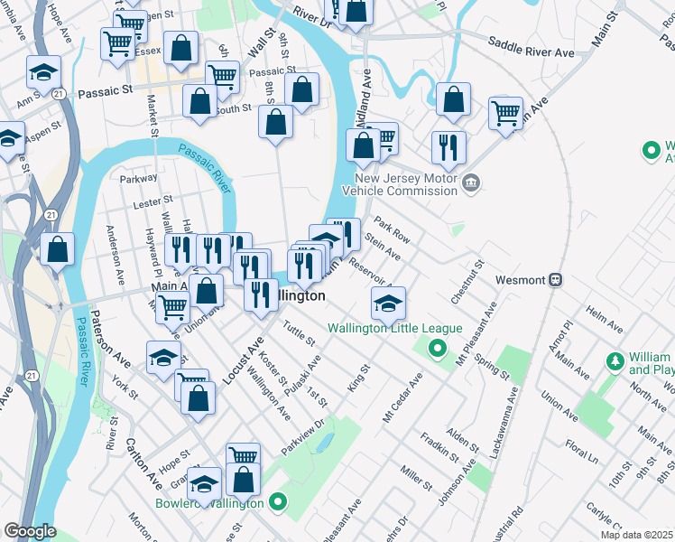 map of restaurants, bars, coffee shops, grocery stores, and more near 242 Main Avenue in Wallington