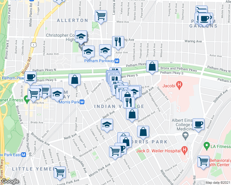map of restaurants, bars, coffee shops, grocery stores, and more near 2103 Williamsbridge Road in Bronx