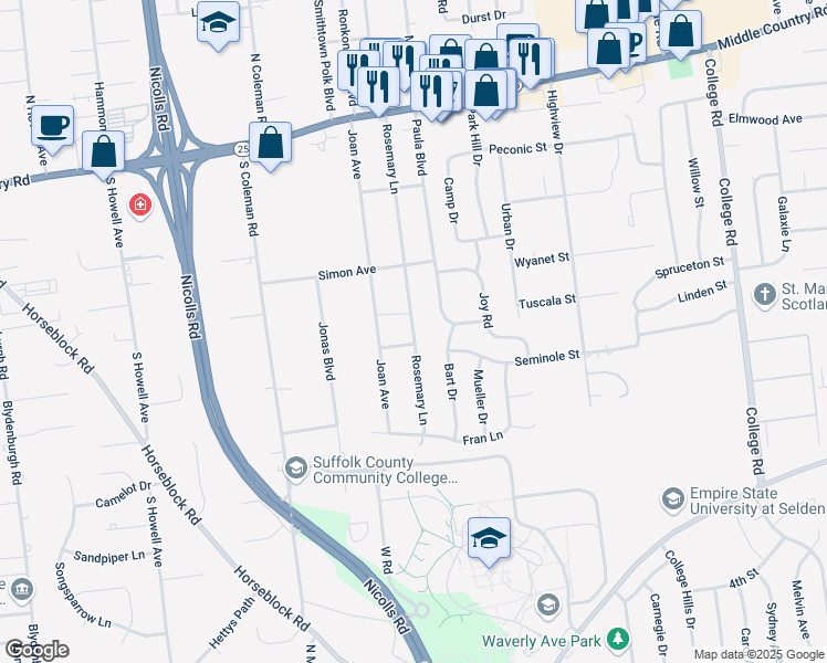 map of restaurants, bars, coffee shops, grocery stores, and more near Rosemary Lane in Centereach