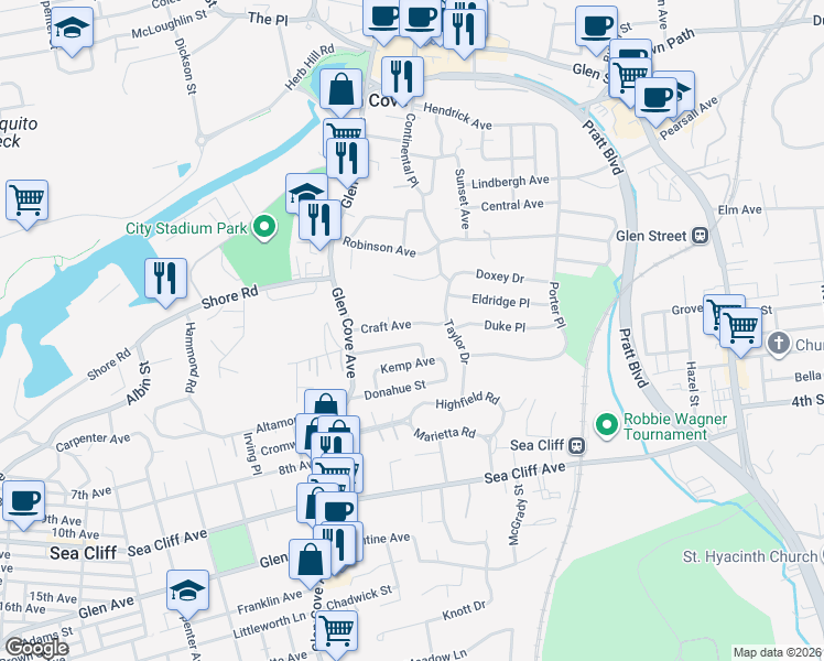 map of restaurants, bars, coffee shops, grocery stores, and more near 28 Craft Avenue in Glen Cove