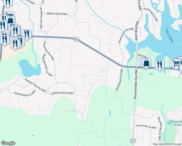 map of restaurants, bars, coffee shops, grocery stores, and more near 6385 Doral Drive Northwest in Canton
