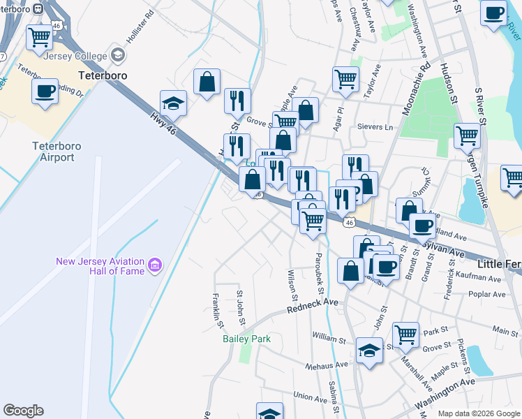 map of restaurants, bars, coffee shops, grocery stores, and more near 104 Van Buren Street in Little Ferry