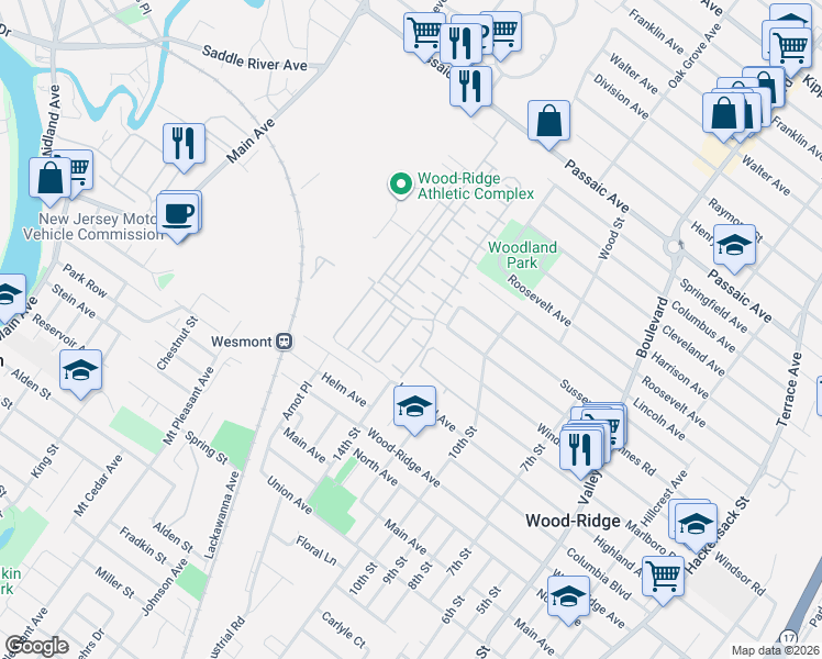 map of restaurants, bars, coffee shops, grocery stores, and more near 100 Marshall Lane in Wood-Ridge