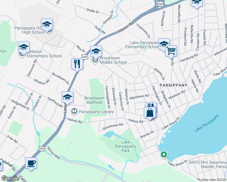 map of restaurants, bars, coffee shops, grocery stores, and more near 108 Farmingdale Drive in Parsippany-Troy Hills