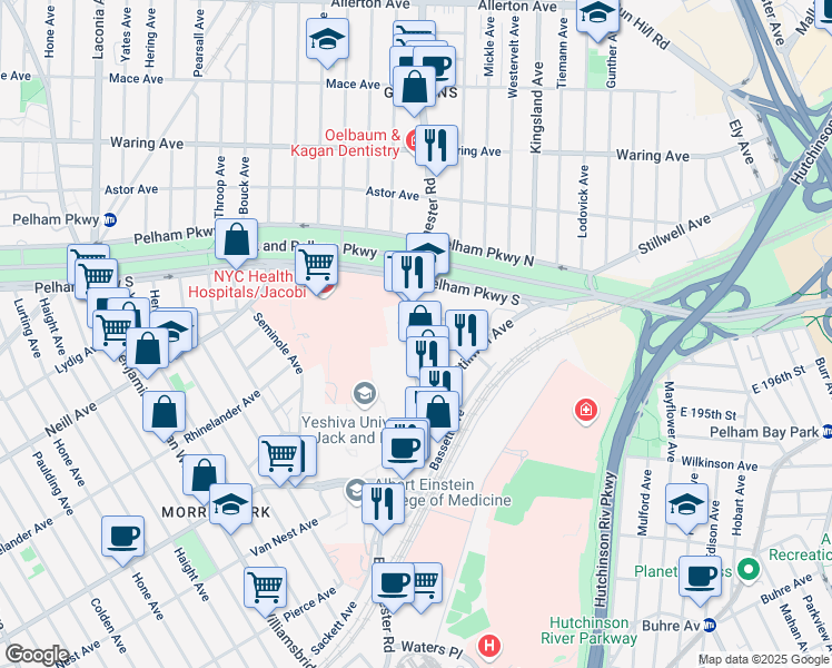 map of restaurants, bars, coffee shops, grocery stores, and more near 1501 McDonald Street in The Bronx