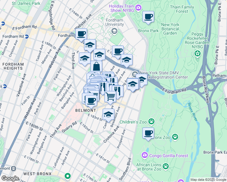 map of restaurants, bars, coffee shops, grocery stores, and more near 2420 Belmont Avenue in Bronx