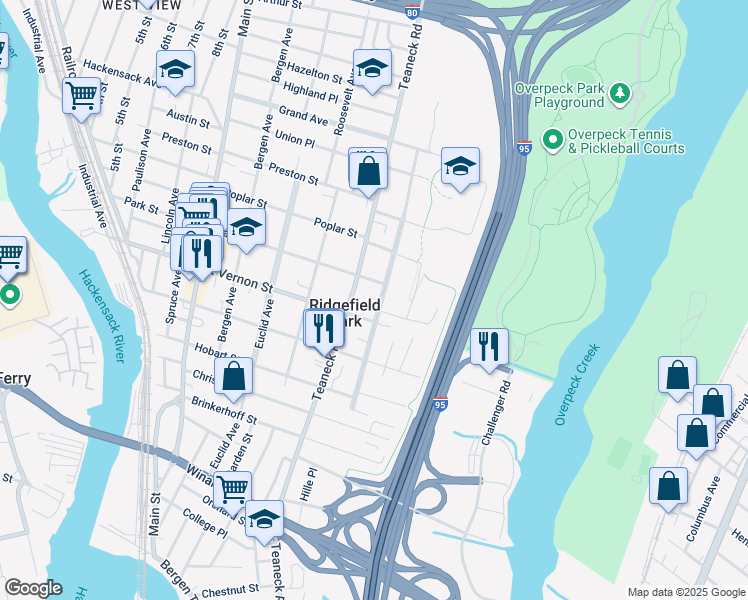 map of restaurants, bars, coffee shops, grocery stores, and more near 98 Overpeck Avenue in Ridgefield Park