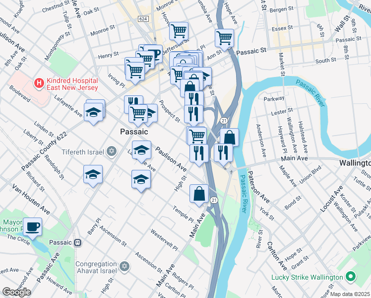 map of restaurants, bars, coffee shops, grocery stores, and more near 99 Gregory Avenue in Passaic