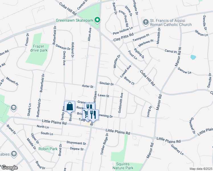map of restaurants, bars, coffee shops, grocery stores, and more near 10 Sinclair Drive in Greenlawn