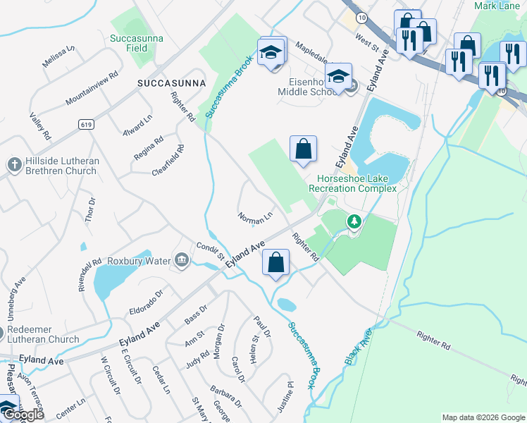 map of restaurants, bars, coffee shops, grocery stores, and more near 4 Norman Lane in Roxbury Township