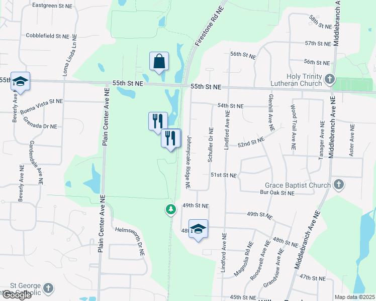 map of restaurants, bars, coffee shops, grocery stores, and more near 5153 Johnnycake Ridge Northeast in Canton