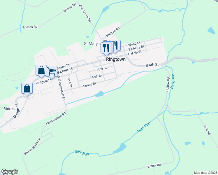 map of restaurants, bars, coffee shops, grocery stores, and more near 305 Tanner Street in Ringtown