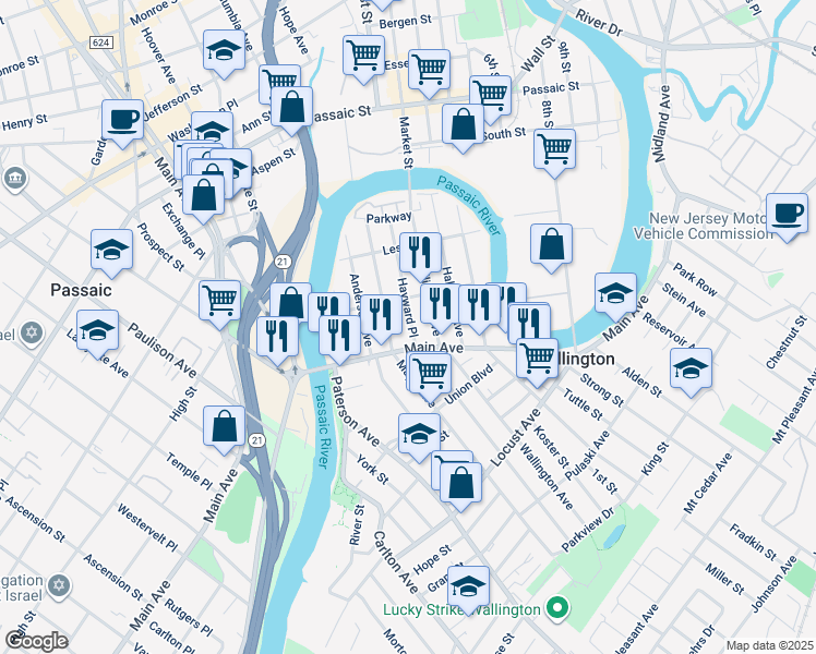 map of restaurants, bars, coffee shops, grocery stores, and more near 91 Maple Avenue in Wallington