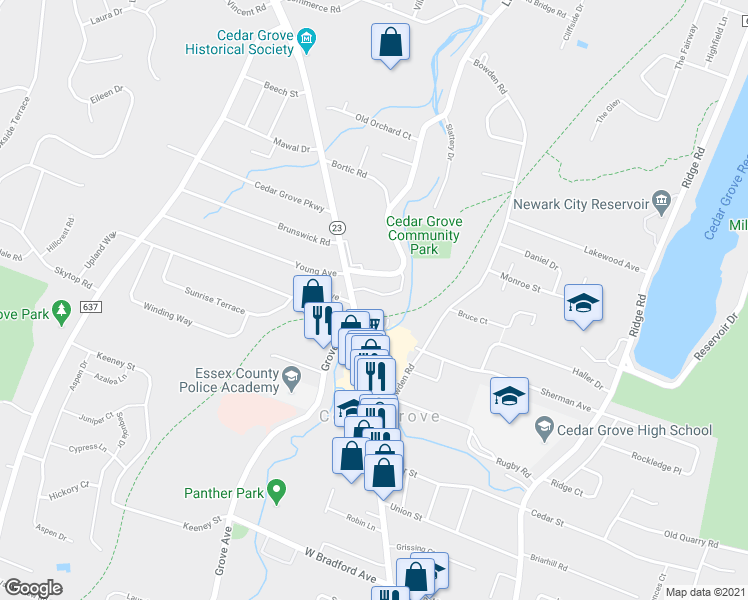 map of restaurants, bars, coffee shops, grocery stores, and more near 655 Pompton Avenue in Cedar Grove