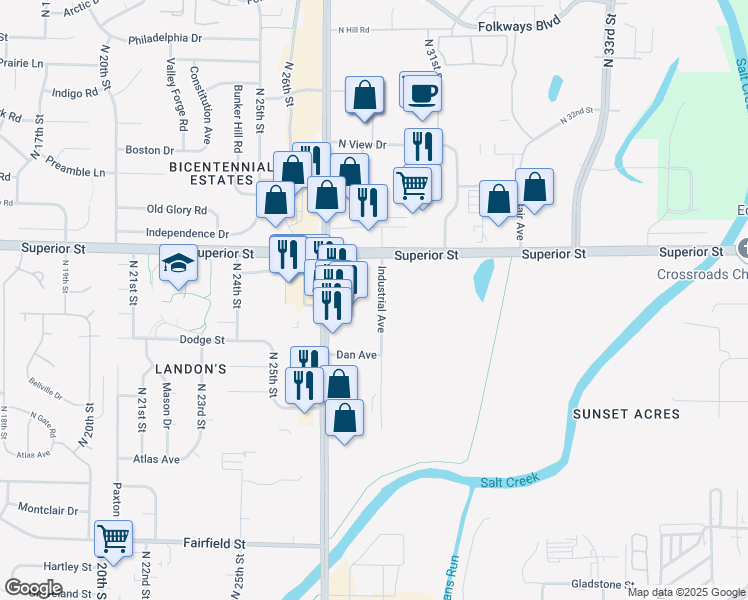 map of restaurants, bars, coffee shops, grocery stores, and more near 4231 Hendricks Drive in Lincoln
