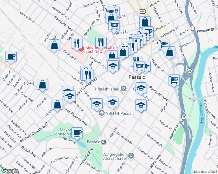 map of restaurants, bars, coffee shops, grocery stores, and more near 237 Boulevard in Passaic
