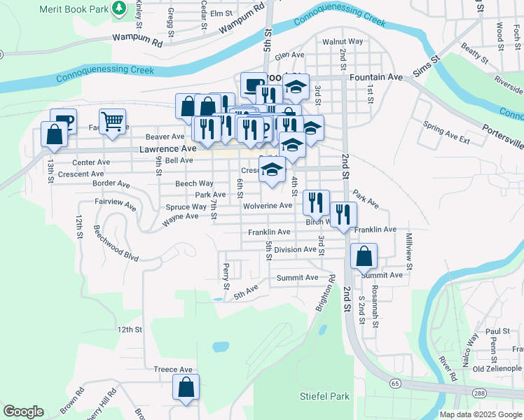 map of restaurants, bars, coffee shops, grocery stores, and more near 504 Wayne Avenue in Ellwood City
