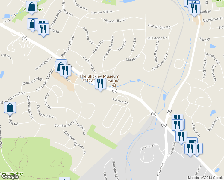 map of restaurants, bars, coffee shops, grocery stores, and more near 2583 New Jersey 10 in Morris Plains