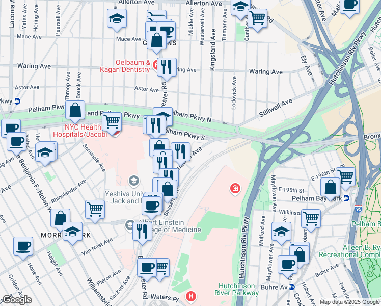 map of restaurants, bars, coffee shops, grocery stores, and more near 1617 Stillwell Avenue in Bronx