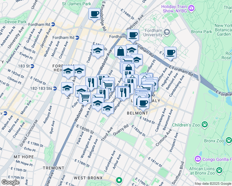 map of restaurants, bars, coffee shops, grocery stores, and more near 490 East 184th Street in Bronx