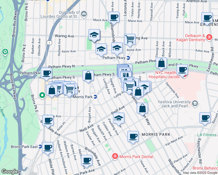 map of restaurants, bars, coffee shops, grocery stores, and more near 2140 Lurting Avenue in The Bronx