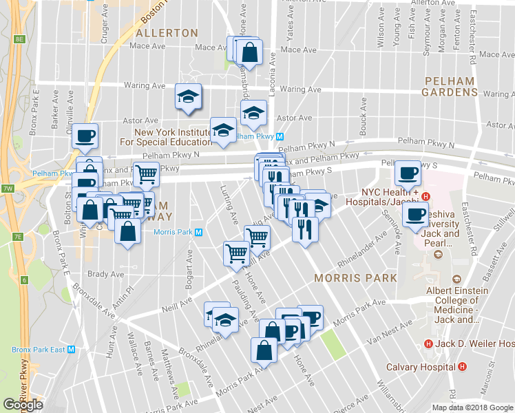 map of restaurants, bars, coffee shops, grocery stores, and more near 2121 Tomlinson Avenue in Bronx
