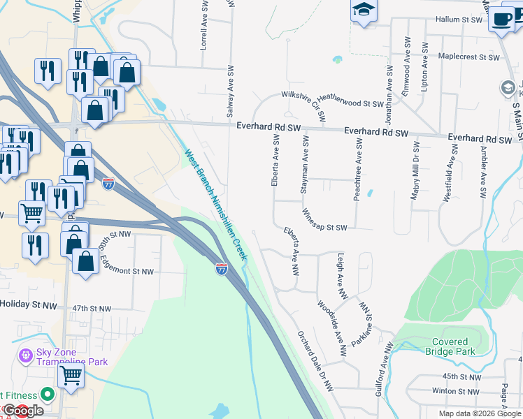 map of restaurants, bars, coffee shops, grocery stores, and more near 1649 Elberta Avenue Southwest in Canton