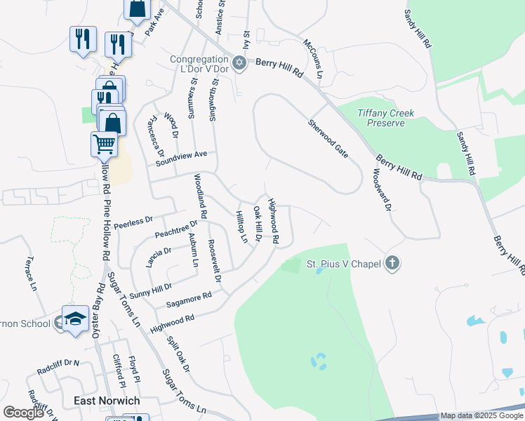 map of restaurants, bars, coffee shops, grocery stores, and more near 59 Oak Hill Drive in Oyster Bay