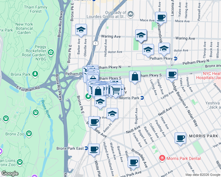 map of restaurants, bars, coffee shops, grocery stores, and more near in The Bronx