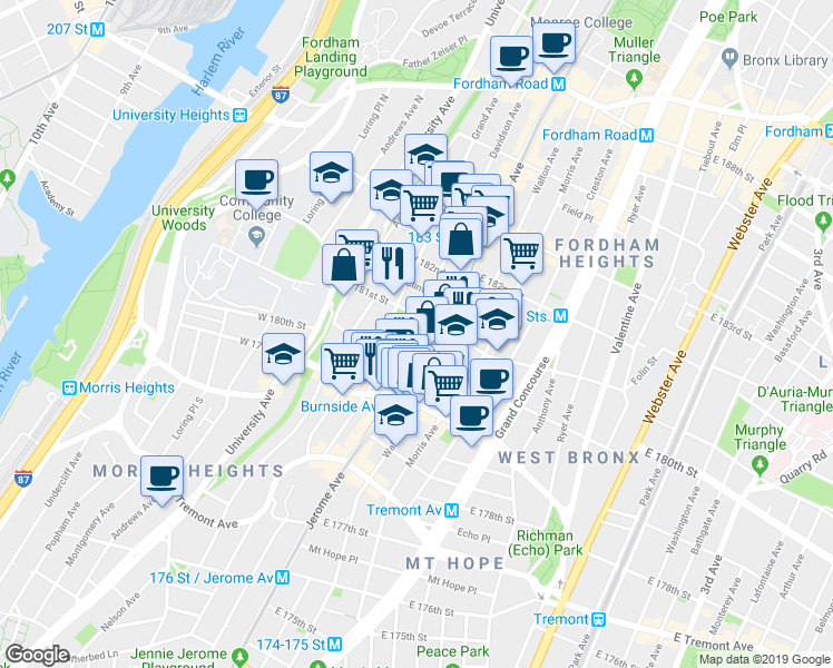 map of restaurants, bars, coffee shops, grocery stores, and more near 2120 Davidson Avenue in The Bronx