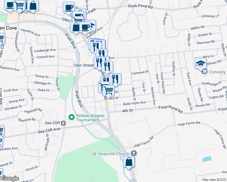 map of restaurants, bars, coffee shops, grocery stores, and more near 11 2nd Street in Glen Cove