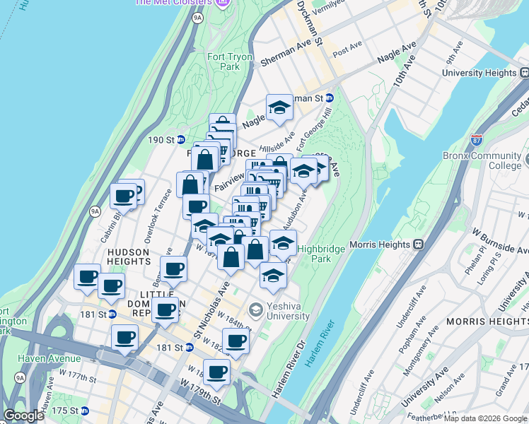 map of restaurants, bars, coffee shops, grocery stores, and more near 600 West 191st Street in New York
