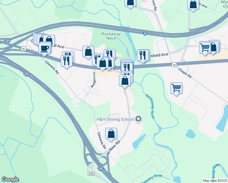 map of restaurants, bars, coffee shops, grocery stores, and more near 130 New Road in Parsippany-Troy Hills