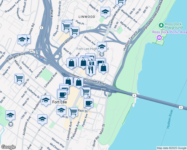 map of restaurants, bars, coffee shops, grocery stores, and more near 2152 New Jersey 67 in Fort Lee