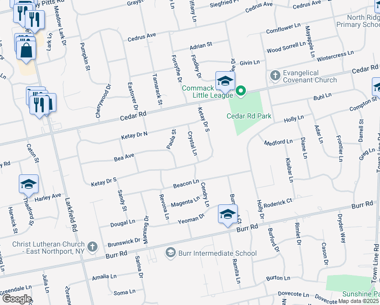 map of restaurants, bars, coffee shops, grocery stores, and more near 12 Crystal Lane in East Northport