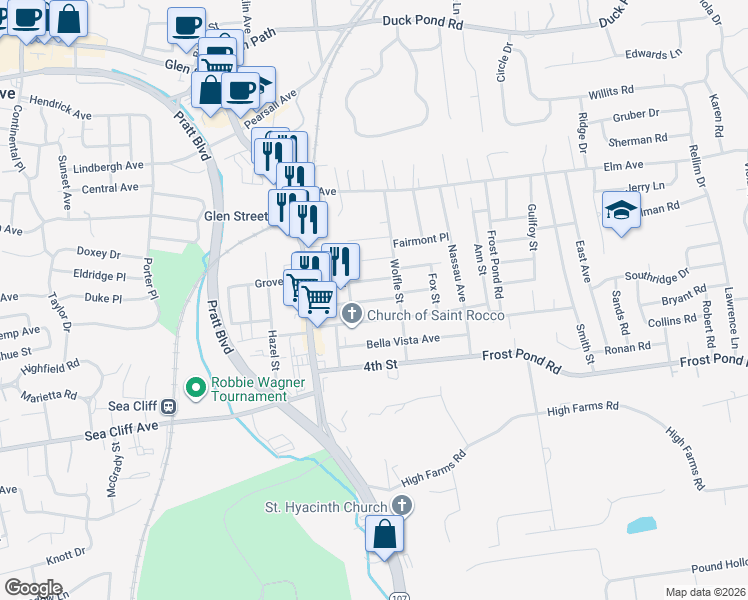 map of restaurants, bars, coffee shops, grocery stores, and more near 2nd Street in Glen Cove