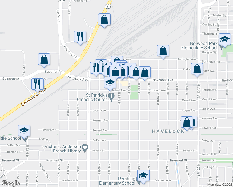 map of restaurants, bars, coffee shops, grocery stores, and more near 6126 Morrill Avenue in Lincoln