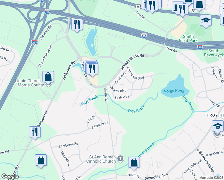 map of restaurants, bars, coffee shops, grocery stores, and more near 23 Janelle Boulevard in Parsippany-Troy Hills