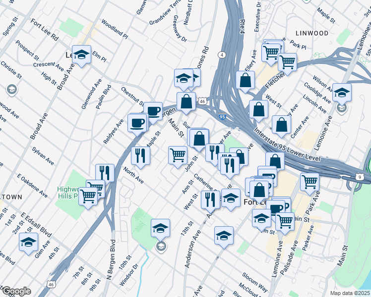 map of restaurants, bars, coffee shops, grocery stores, and more near 530 Jane Street in Fort Lee