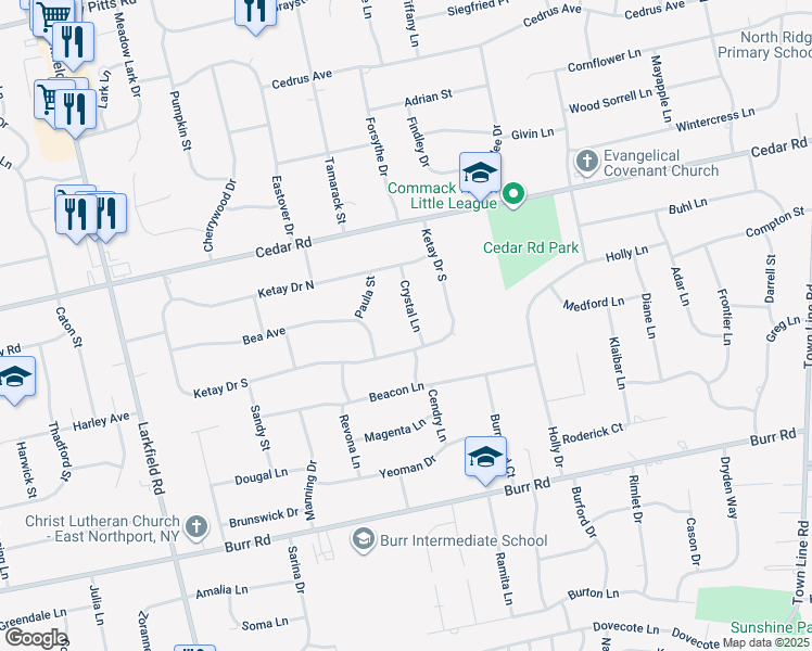 map of restaurants, bars, coffee shops, grocery stores, and more near 12 Crystal Lane in East Northport