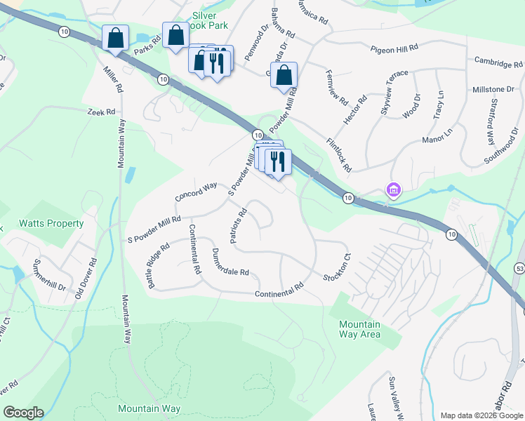 map of restaurants, bars, coffee shops, grocery stores, and more near 46 Patriots Rd in Morris Plains