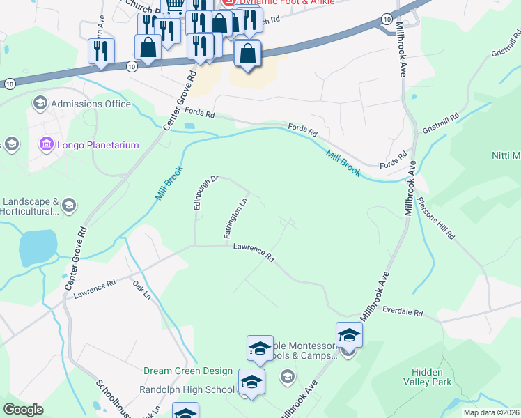 map of restaurants, bars, coffee shops, grocery stores, and more near 29 Edinburgh Drive in Randolph
