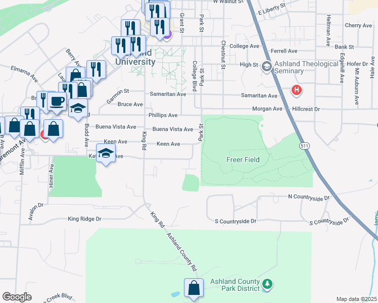 map of restaurants, bars, coffee shops, grocery stores, and more near 1314 Park Street in Ashland